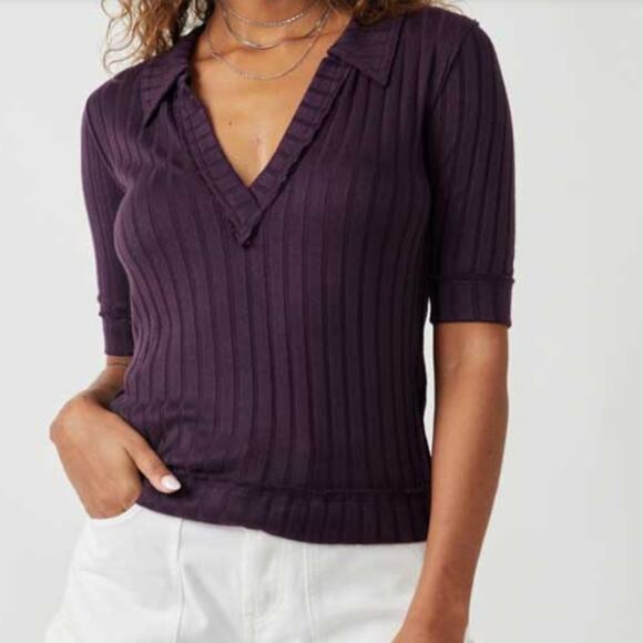 NEW Free People Purple Krystal Ribbed Knit Collar Polo Short Sleeve Top - Picture 2 of 10